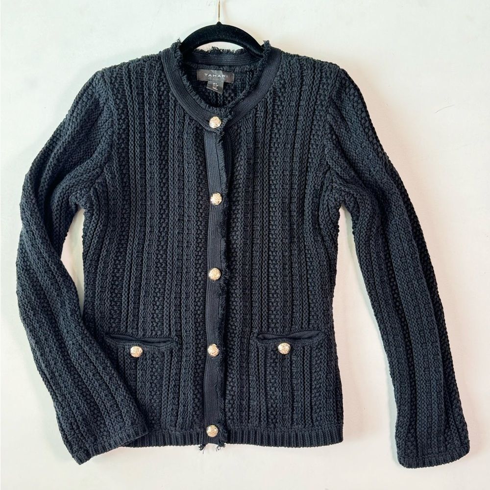 Tahari Botton Up Fringe Cable Knit Black Cardigan Size S